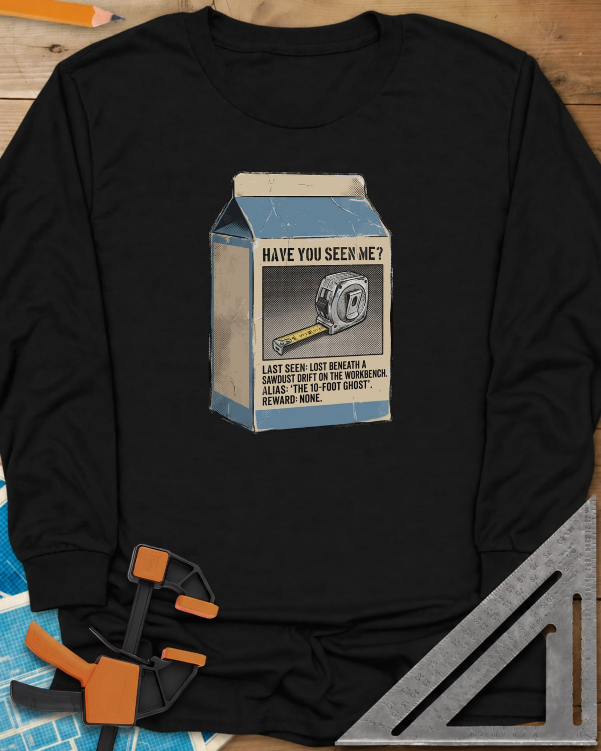 Have You Seen Me Tape Measure long sleeve shirt in Black, a milk carton missing poster for a lost tape measure