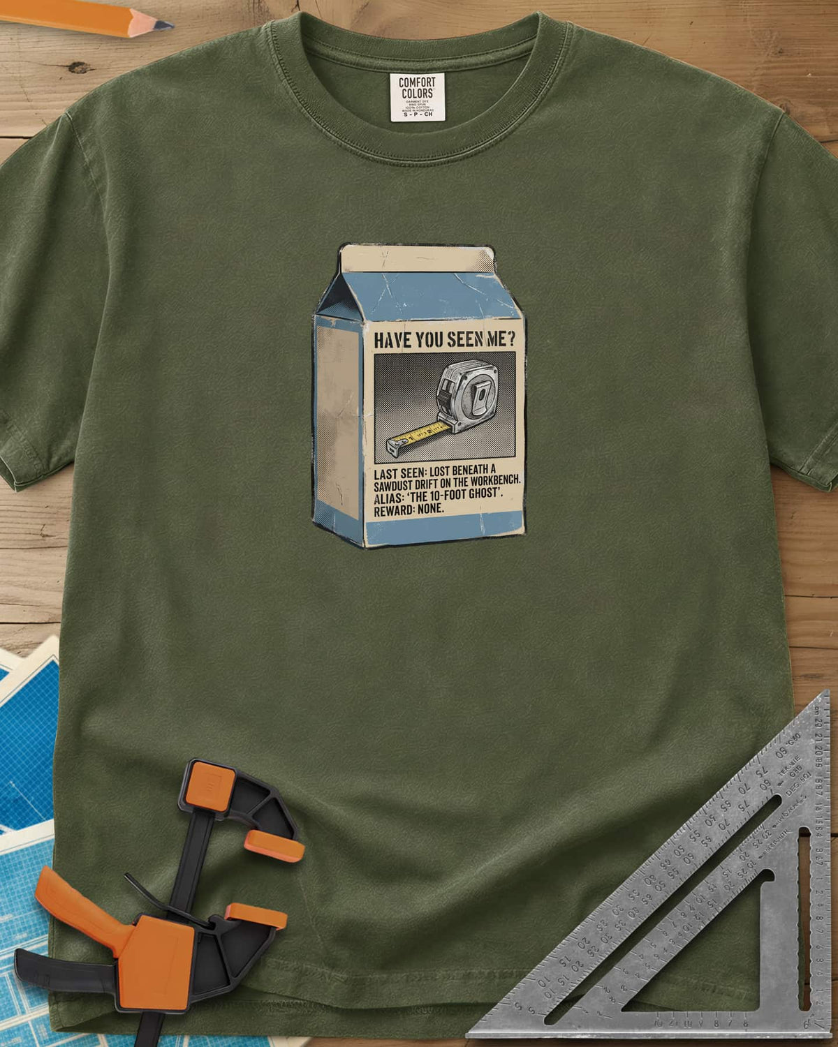 Have You Seen Me Tape Measure heavyweight tee in Hemp, a milk carton missing poster for a lost tape measure