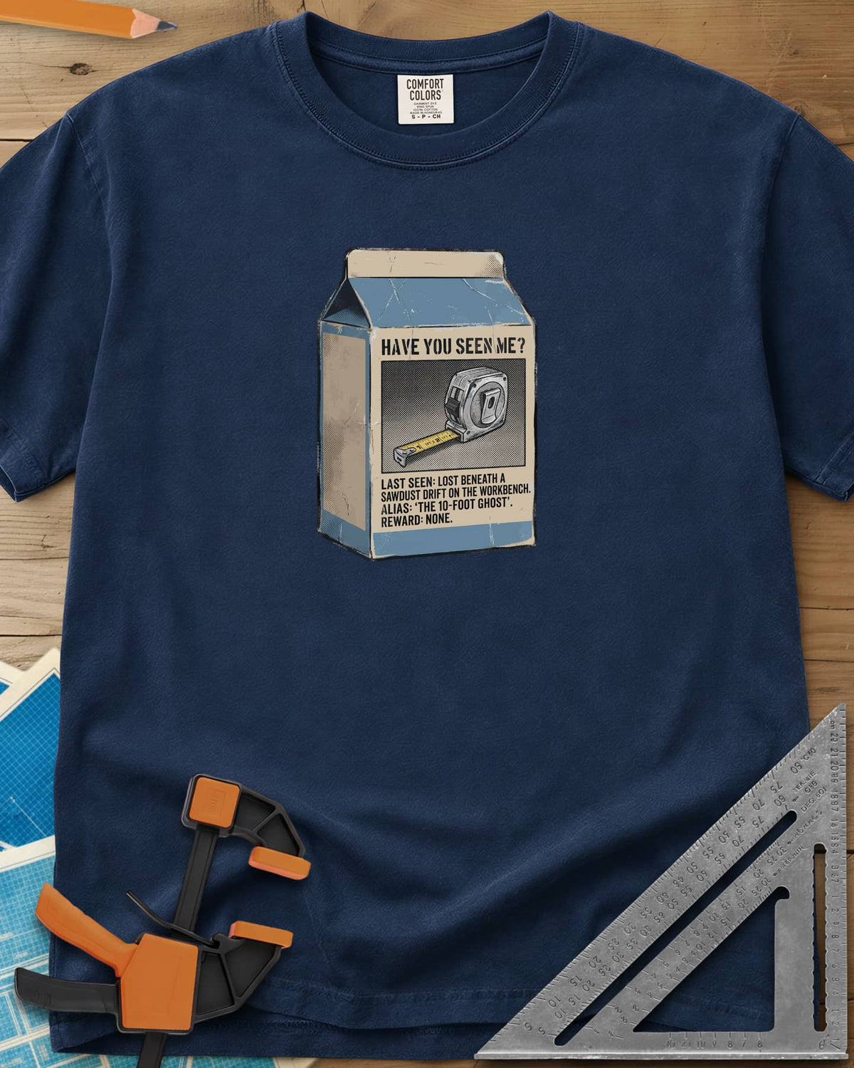 Have You Seen Me Tape Measure heavyweight tee in Navy, a milk carton missing poster for a lost tape measure