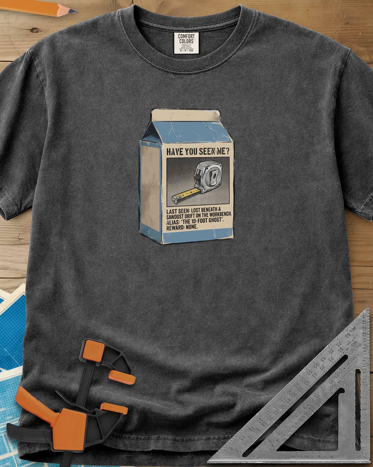 Have You Seen Me Tape Measure heavyweight tee in Pepper, a milk carton missing poster for a lost tape measure
