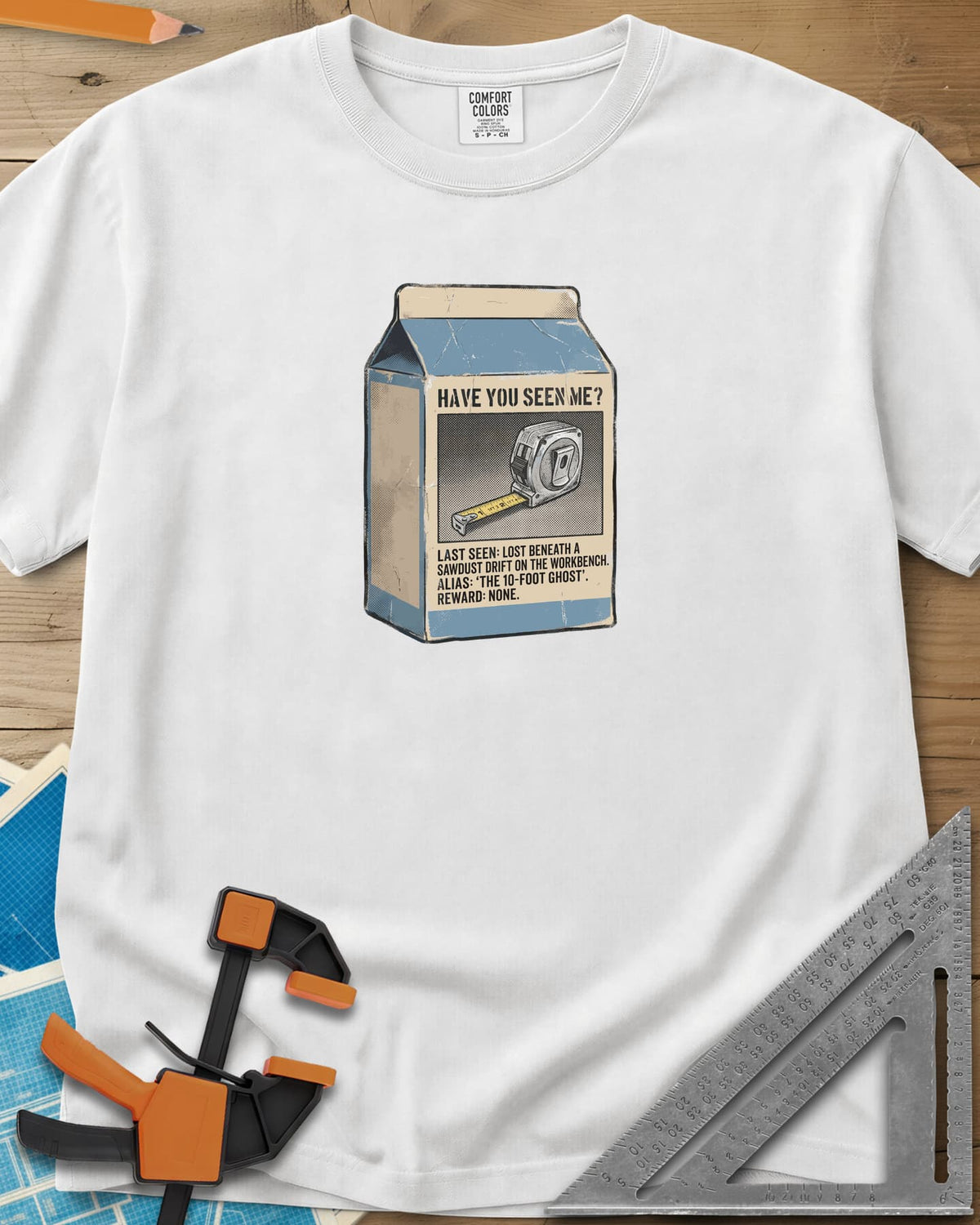 Have You Seen Me Tape Measure heavyweight tee in White, a milk carton missing poster for a lost tape measure