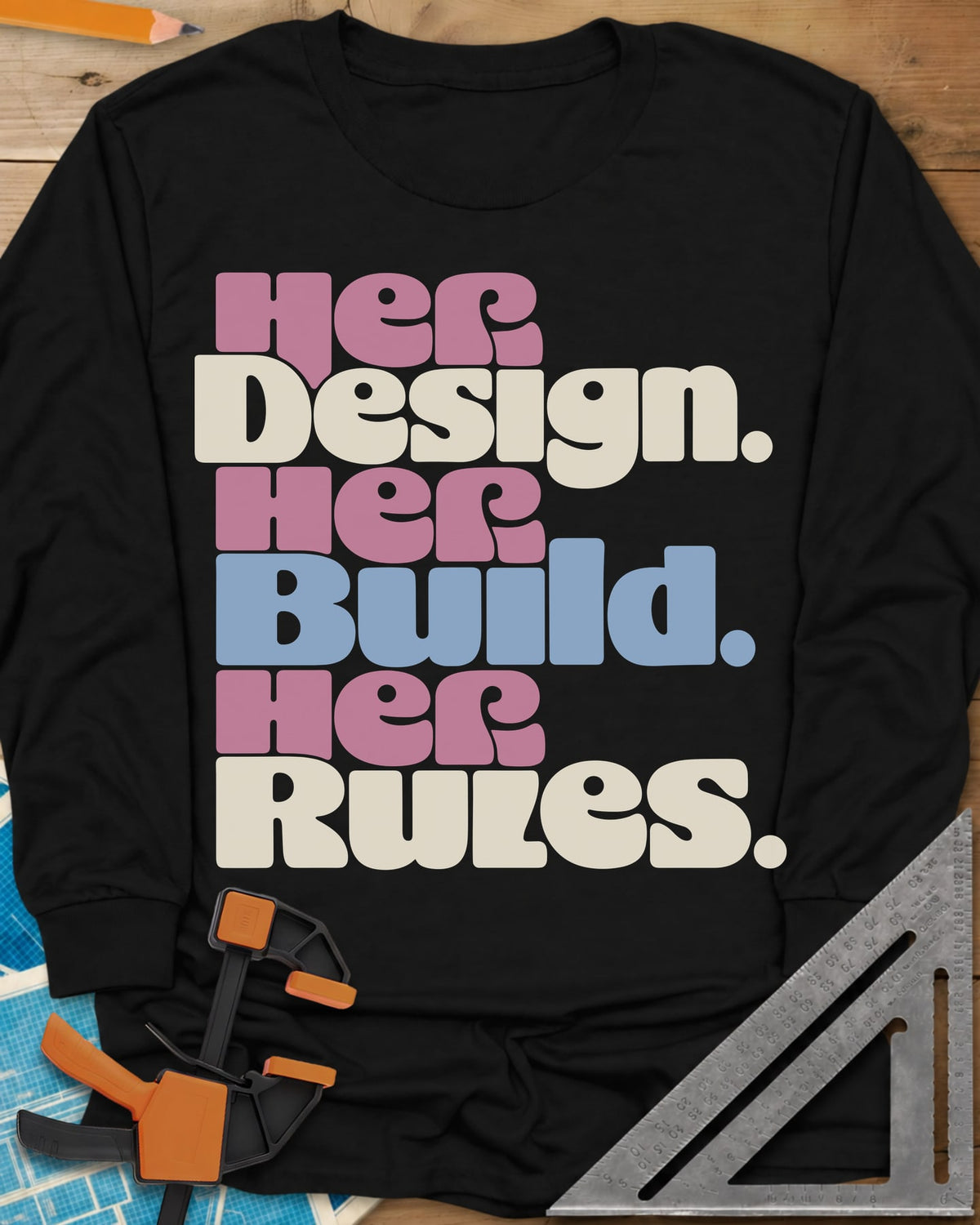 Her Rules long sleeve shirt in Black, three stacked lines of rounded retro lettering