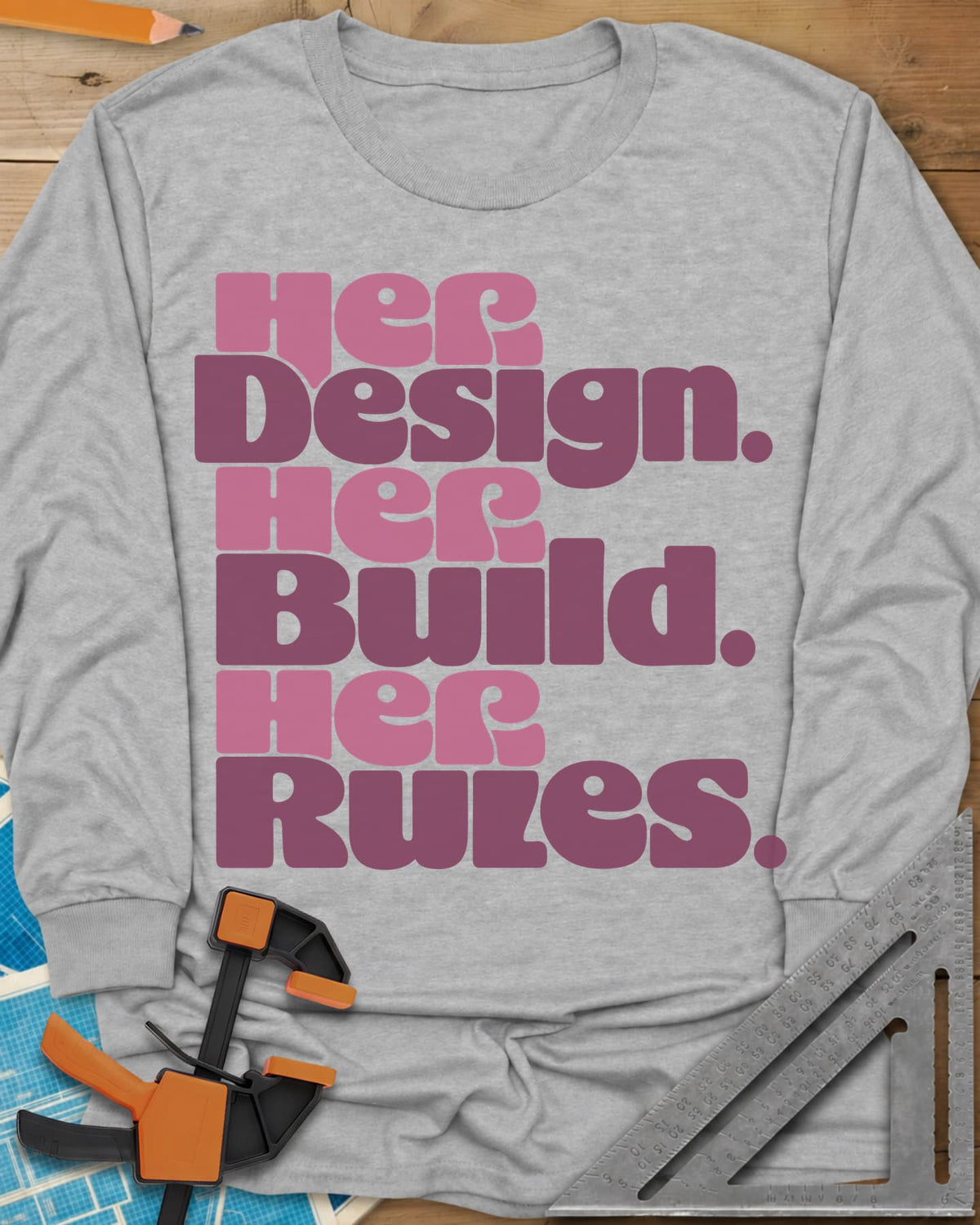 Her Rules long sleeve shirt in Sport Grey, three stacked lines of rounded retro lettering