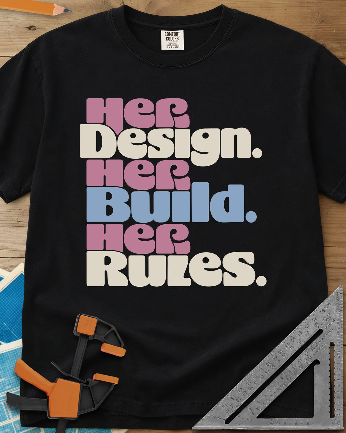 Her Rules heavyweight tee in Black, three stacked lines of rounded retro lettering