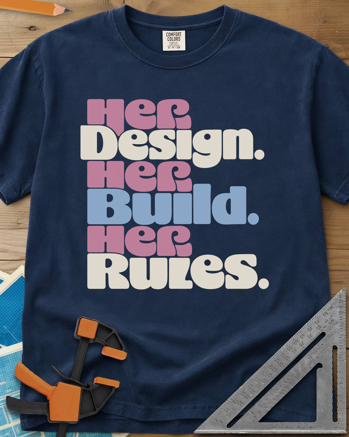 Her Rules heavyweight tee in Navy, three stacked lines of rounded retro lettering