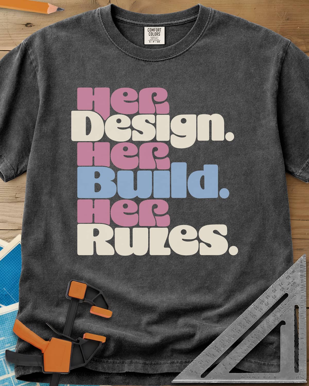 Her Rules heavyweight tee in Pepper, three stacked lines of rounded retro lettering