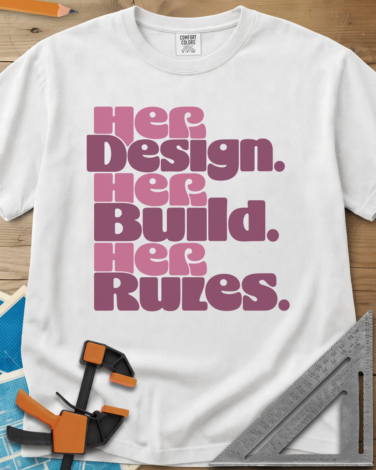 Her Rules heavyweight tee in White, three stacked lines of rounded retro lettering