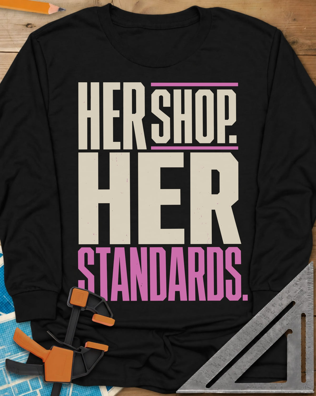 Her Shop long sleeve shirt in Black, tall block capitals with SHOP between two pink lines