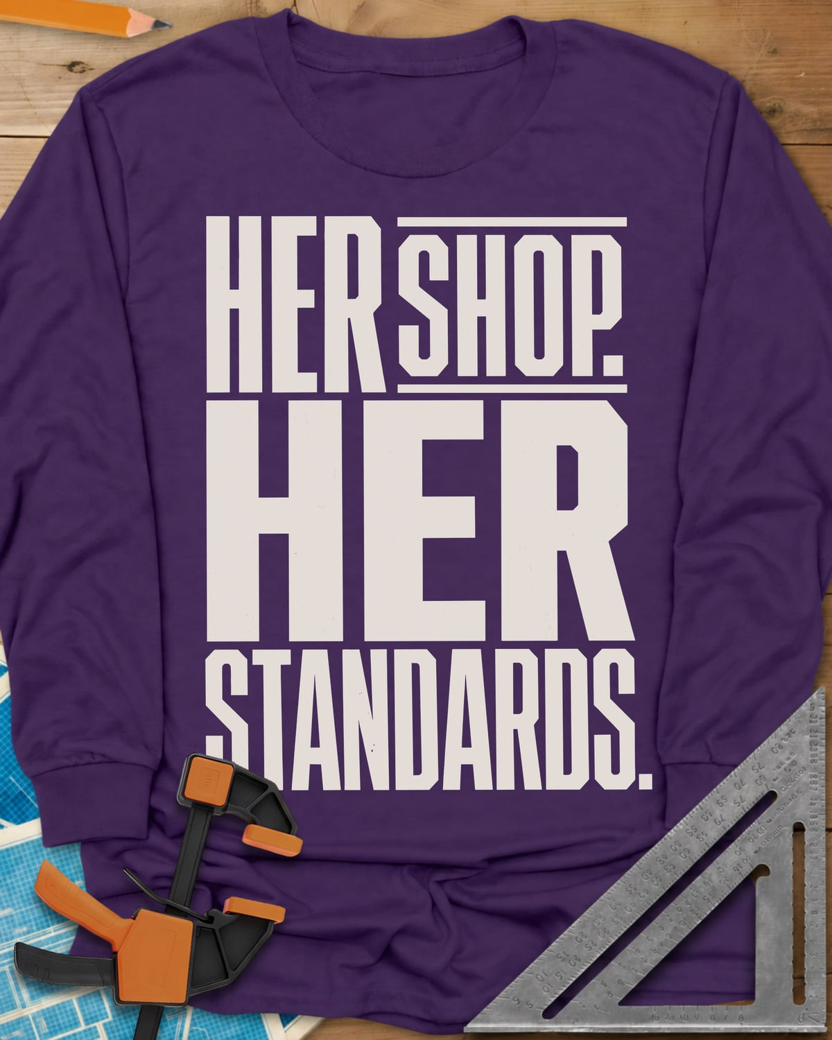 Her Shop long sleeve shirt in Purple, tall block capitals with SHOP between two pink lines