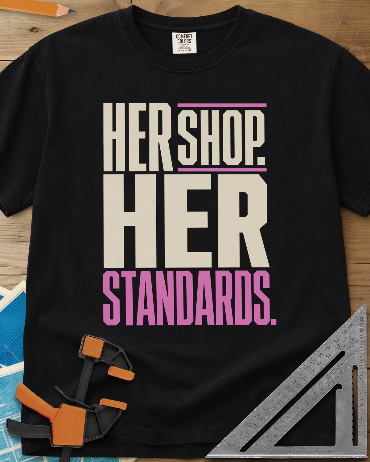 Her Shop heavyweight tee in Black, tall block capitals with SHOP between two pink lines