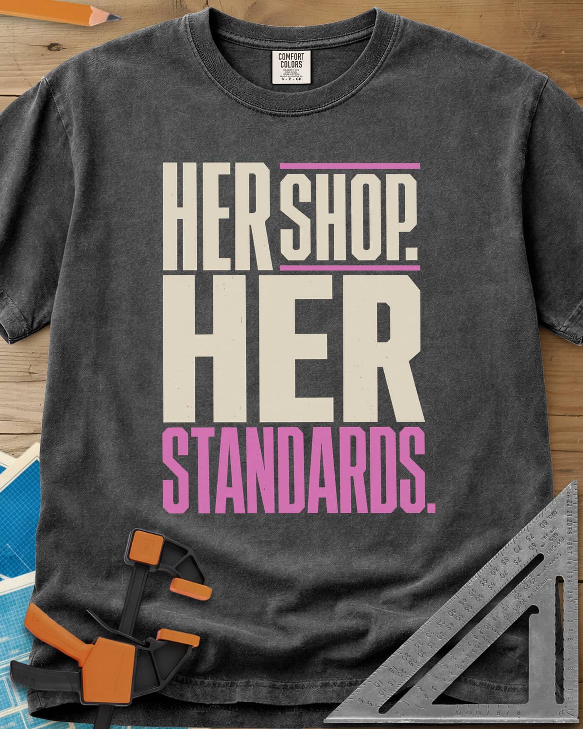Her Shop heavyweight tee in Pepper, tall block capitals with SHOP between two pink lines