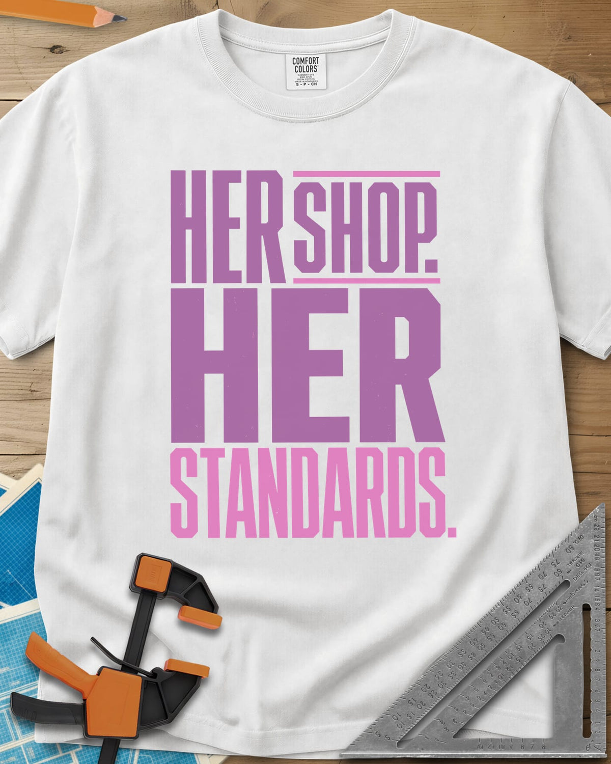 Her Shop heavyweight tee in White, tall block capitals with SHOP between two pink lines