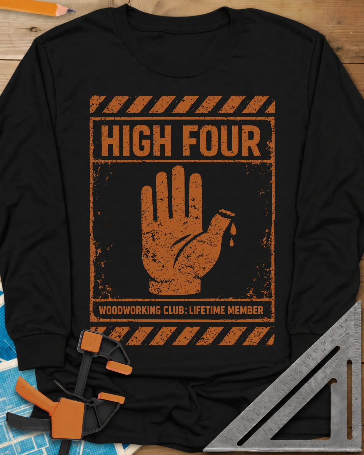 High Four long sleeve shirt in Black, a raised hand with four fingers and a thumb stump on a hazard sign
