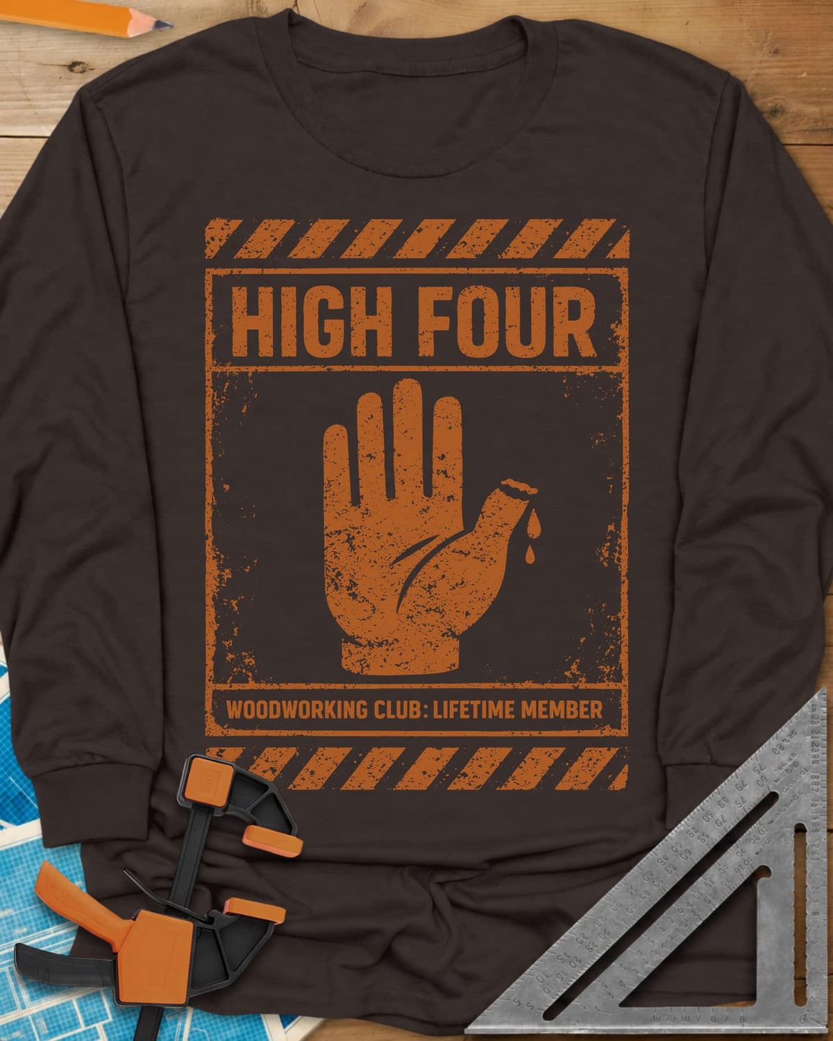 High Four long sleeve shirt in Dark Chocolate, a raised hand with four fingers and a thumb stump on a hazard sign