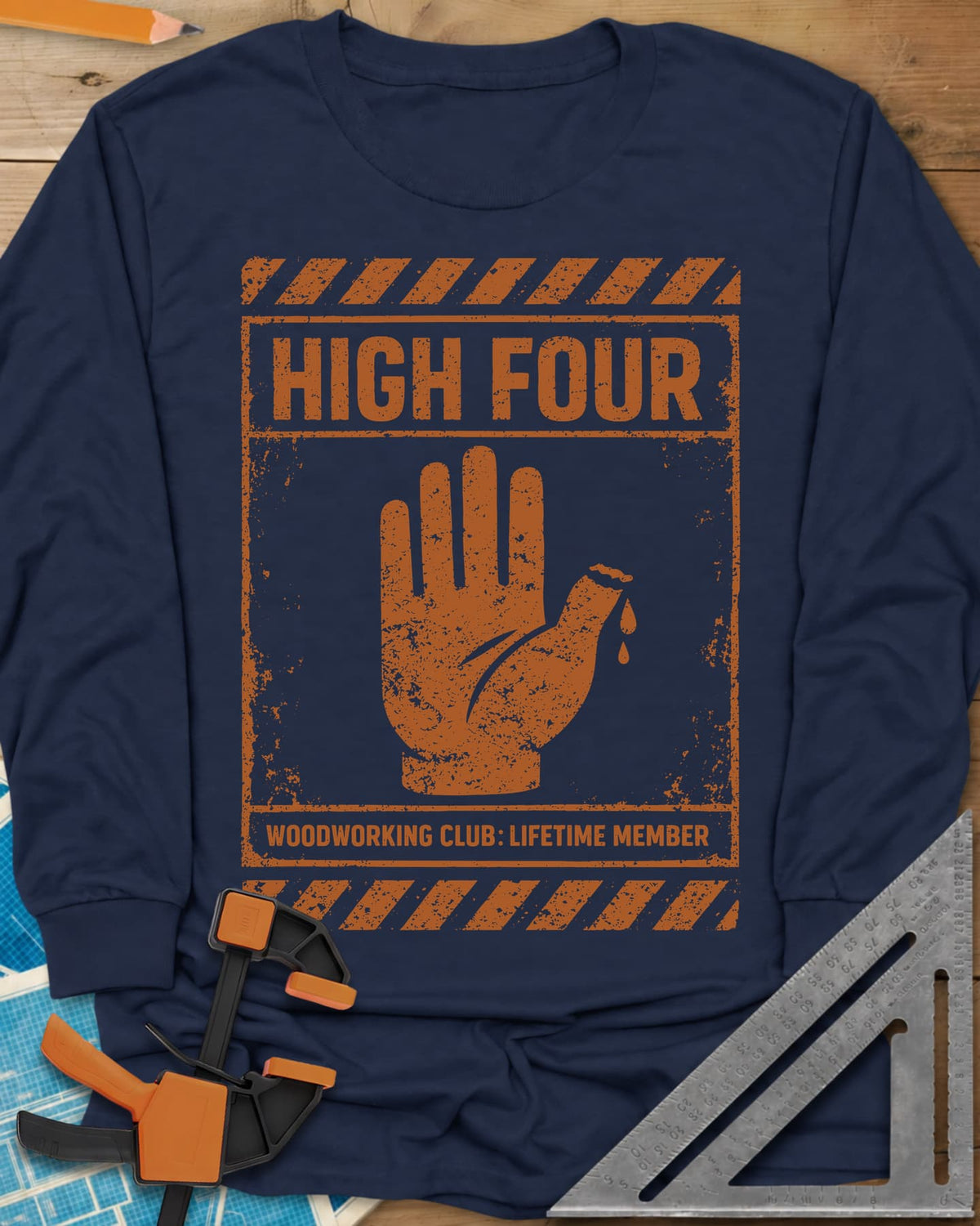 High Four long sleeve shirt in Navy, a raised hand with four fingers and a thumb stump on a hazard sign