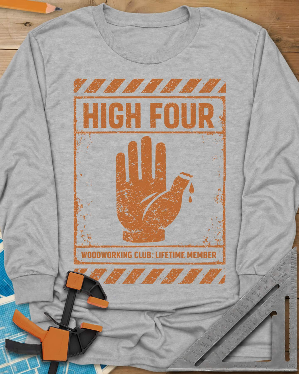 High Four long sleeve shirt in Sport Grey, a raised hand with four fingers and a thumb stump on a hazard sign