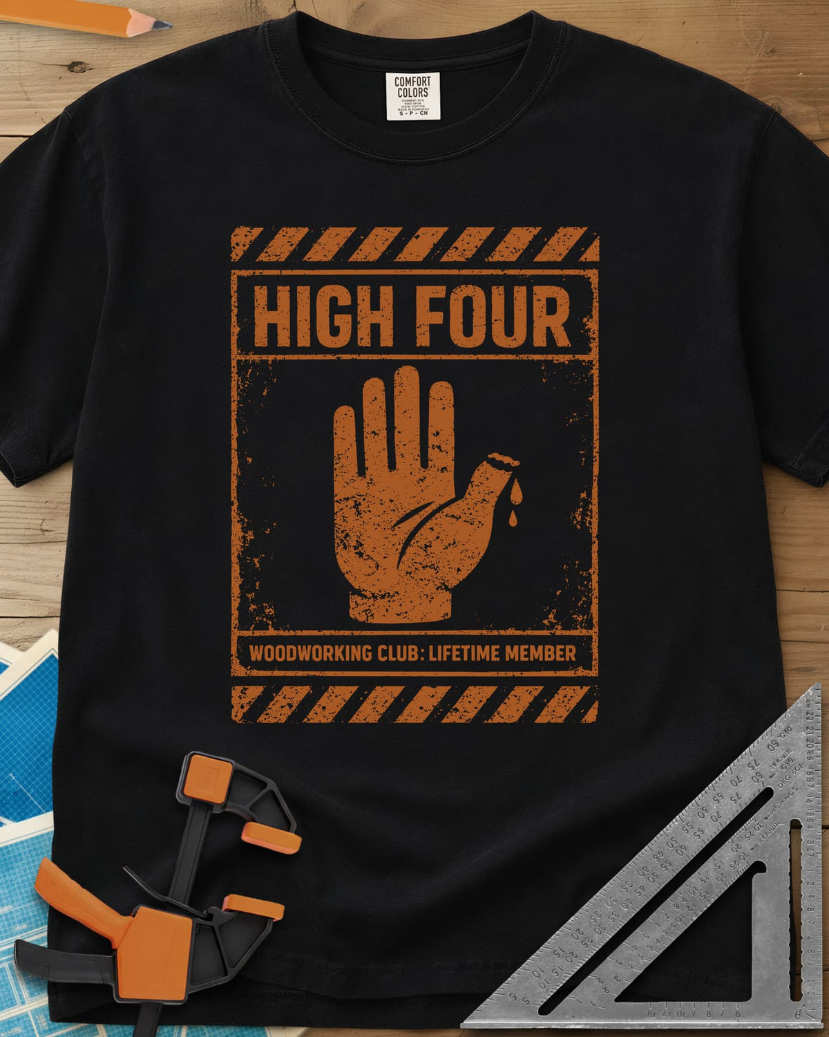 High Four heavyweight tee in Black, a raised hand with four fingers and a thumb stump on a hazard sign
