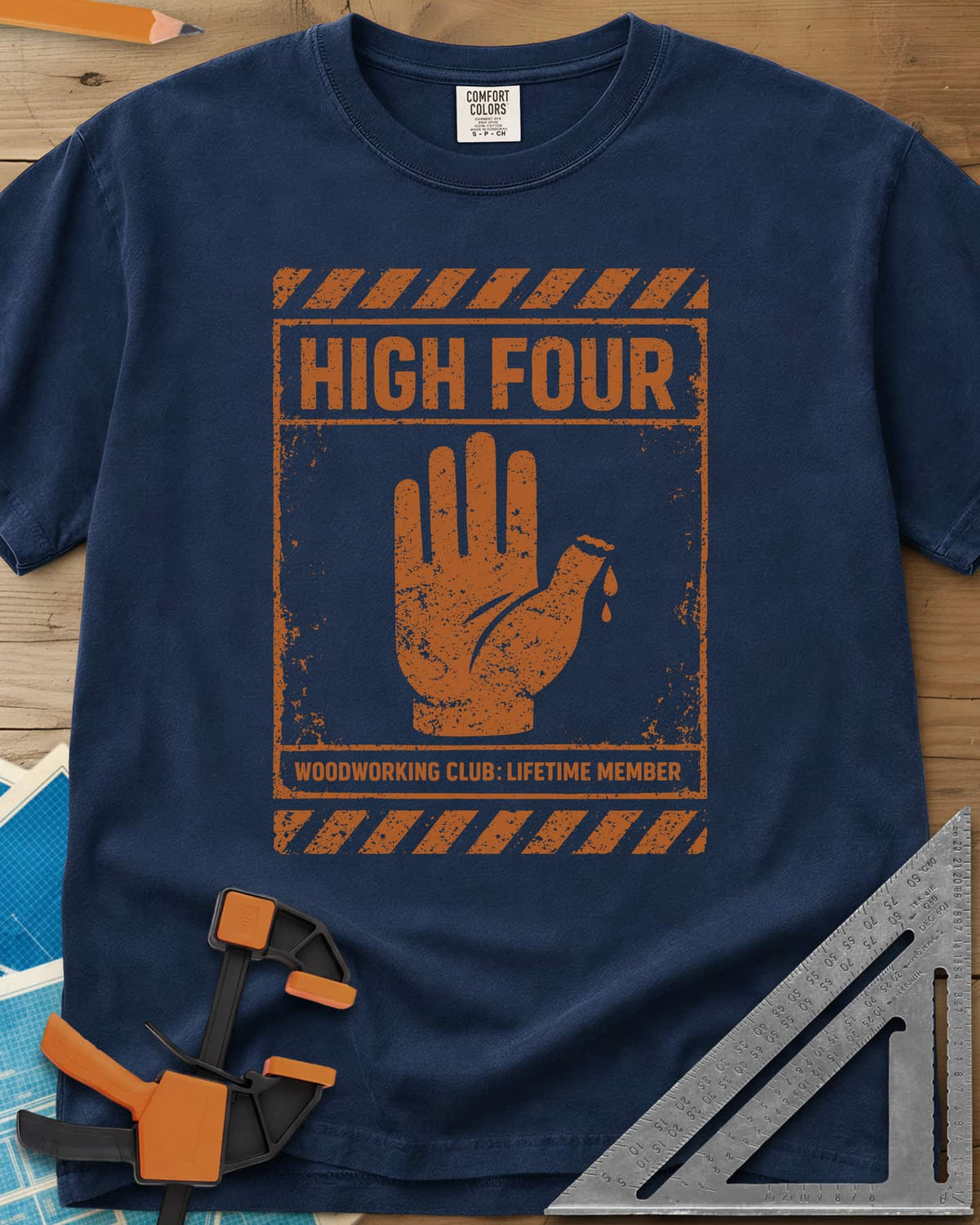 High Four heavyweight tee in Navy, a raised hand with four fingers and a thumb stump on a hazard sign
