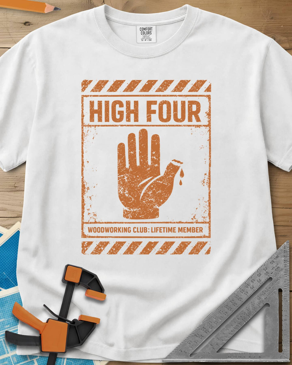 High Four heavyweight tee in White, a raised hand with four fingers and a thumb stump on a hazard sign