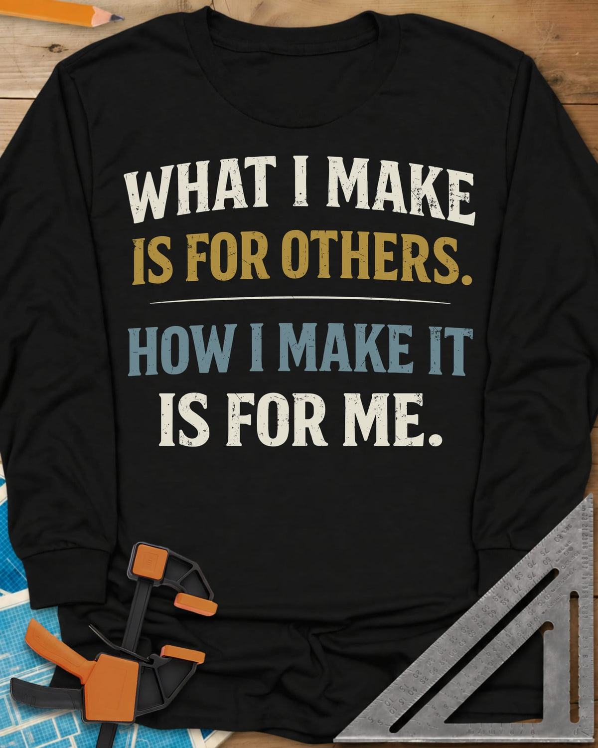How I Make It long sleeve shirt in Black, two statements in worn lettering split by a thin rule
