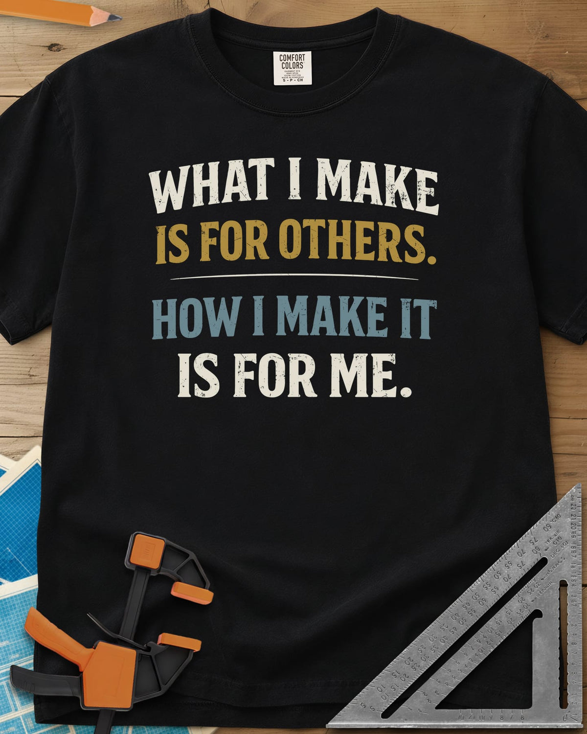 How I Make It heavyweight tee in Black, two statements in worn lettering split by a thin rule