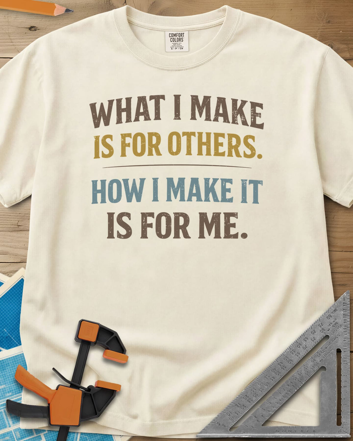 How I Make It heavyweight tee in Ivory, two statements in worn lettering split by a thin rule