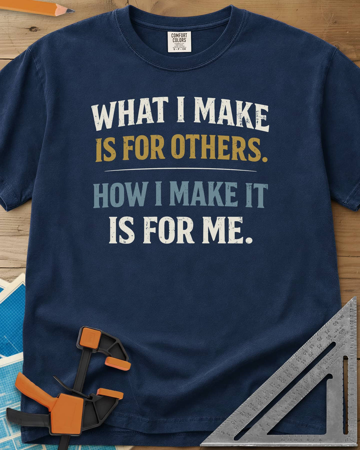 How I Make It heavyweight tee in Navy, two statements in worn lettering split by a thin rule