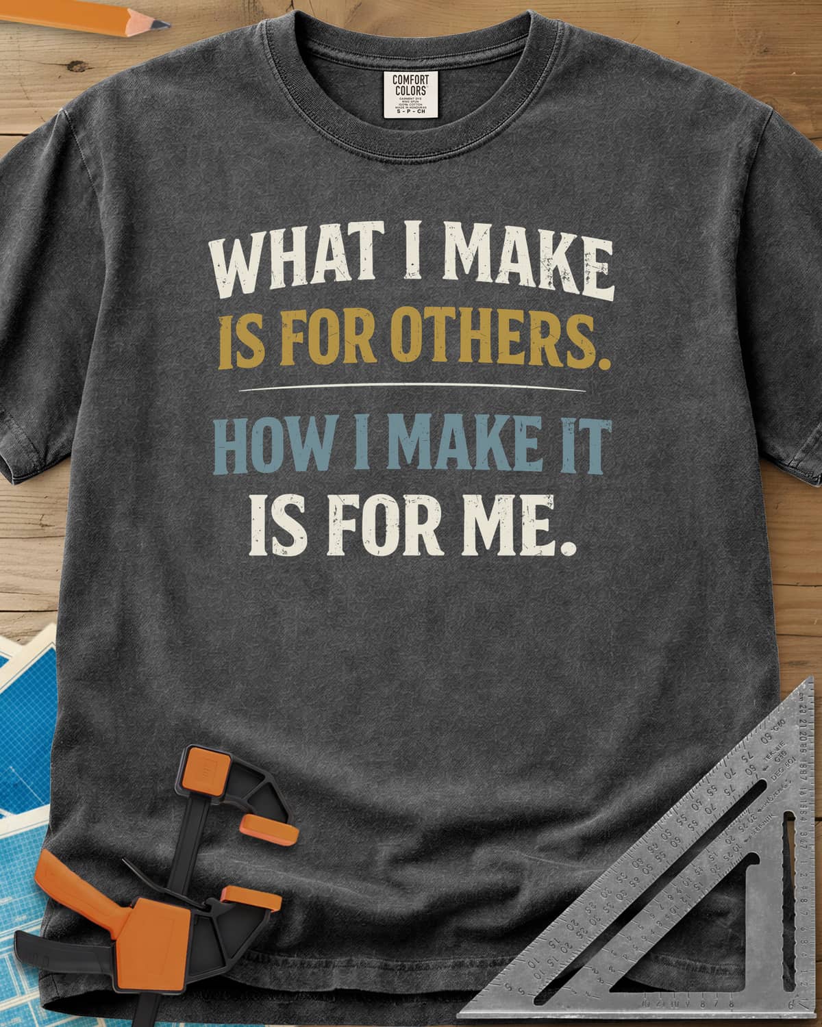 How I Make It heavyweight tee in Pepper, two statements in worn lettering split by a thin rule
