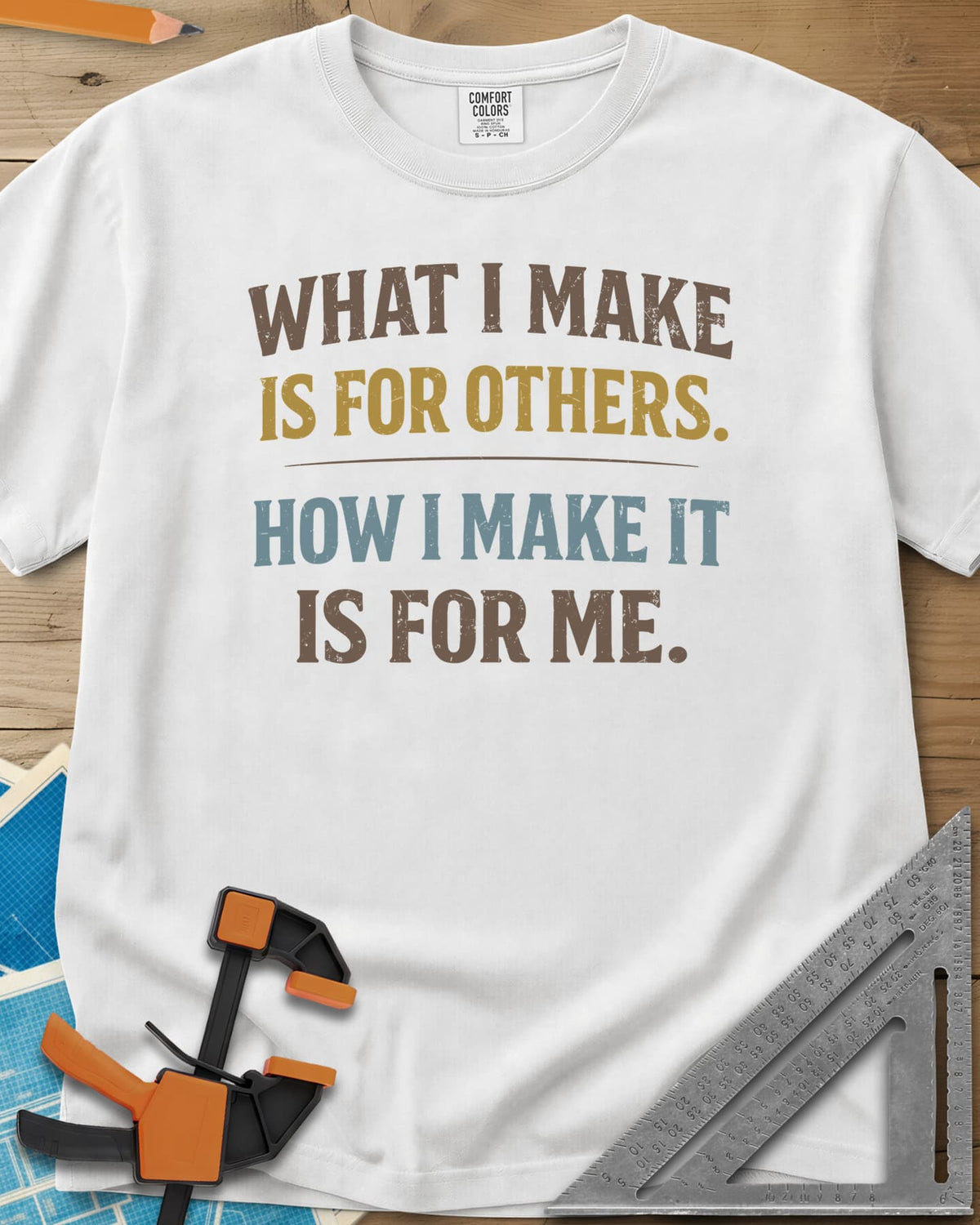 How I Make It heavyweight tee in White, two statements in worn lettering split by a thin rule