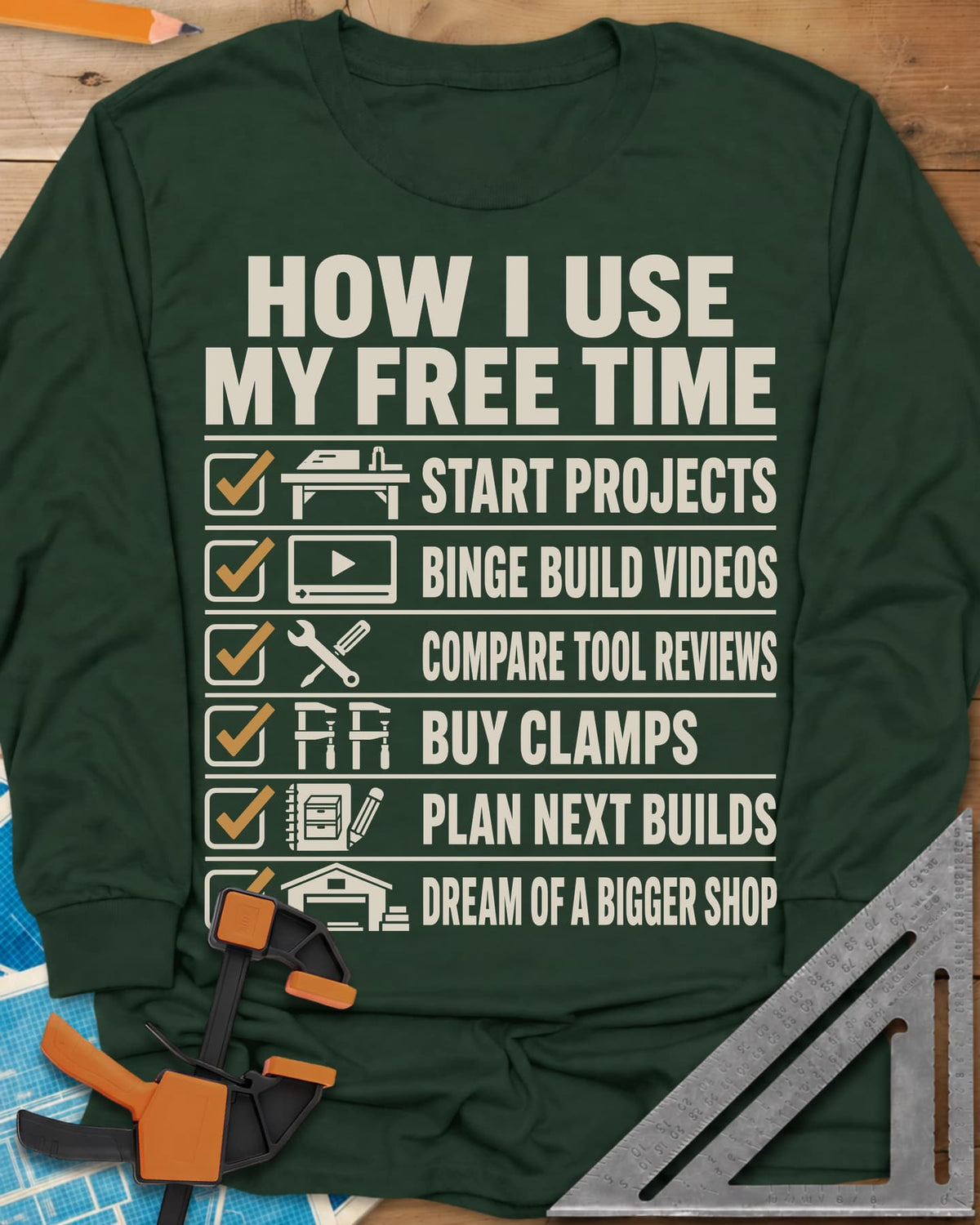 How I Use My Free Time long sleeve shirt in Forest Green, six-line checklist, each tick beside a tiny icon