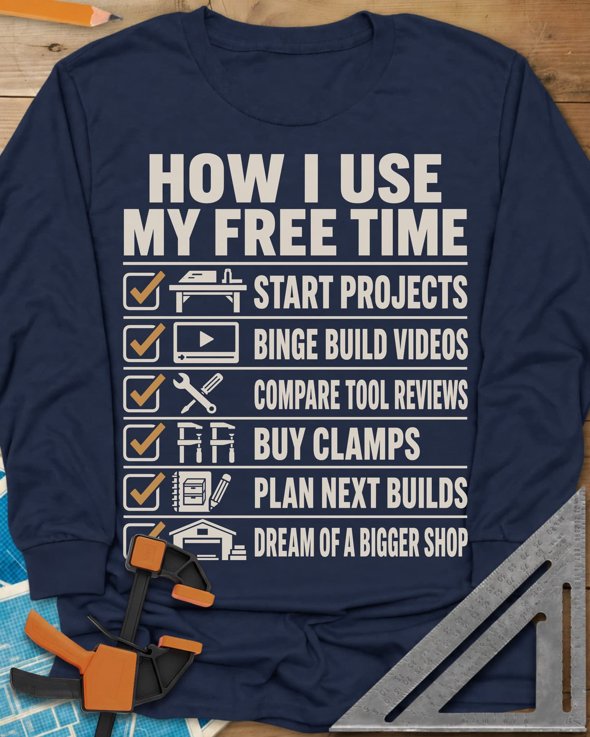 How I Use My Free Time long sleeve shirt in Navy, six-line checklist, each tick beside a tiny icon