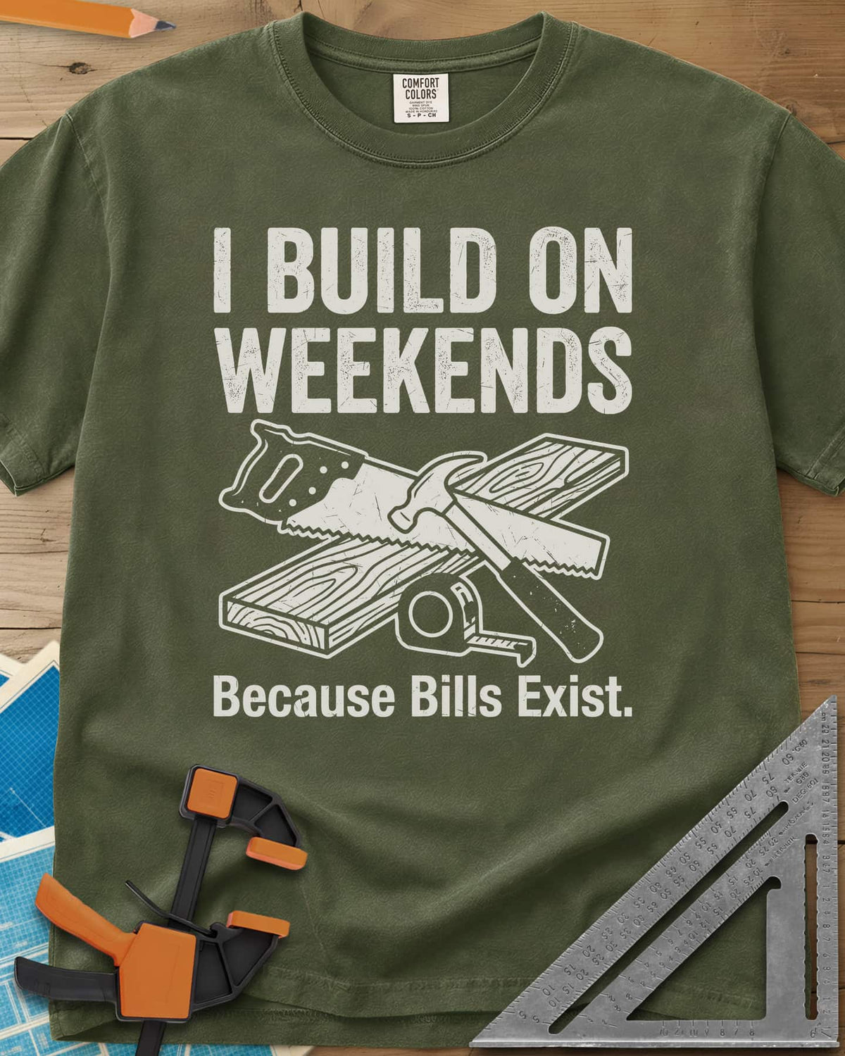 I Build on Weekends heavyweight tee in Hemp, crossed hand saw and hammer with a board and tape measure