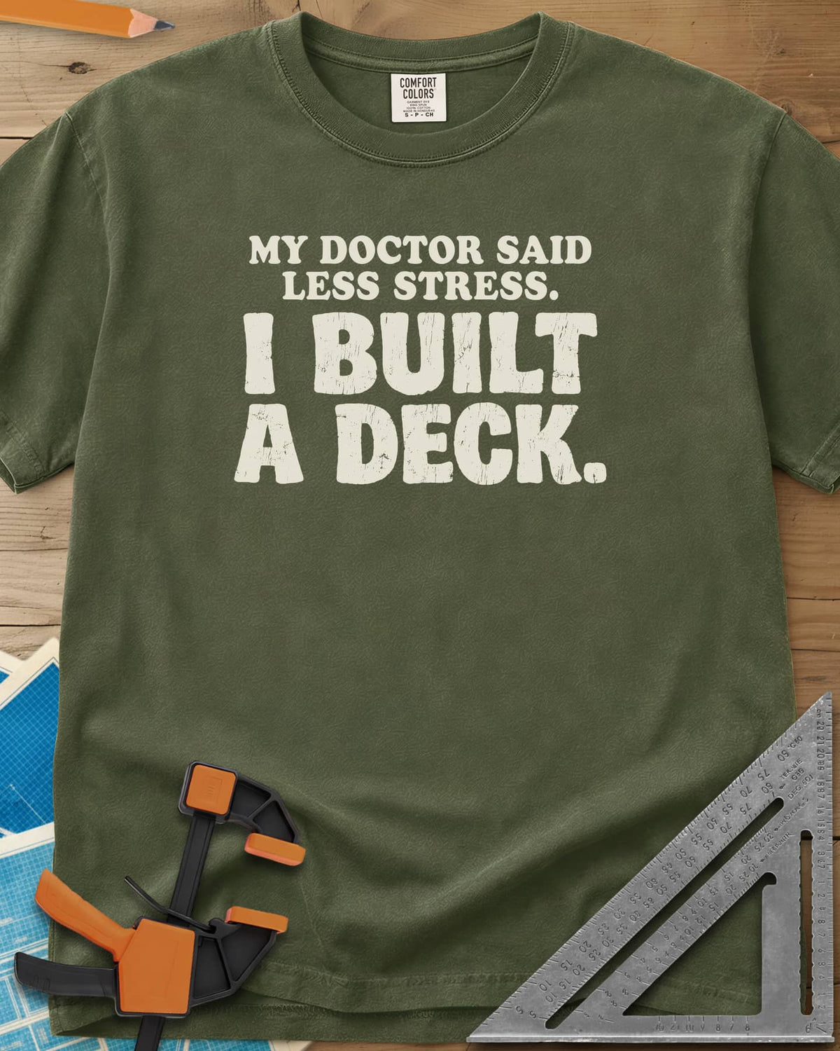 I Built A Deck heavyweight tee in Hemp, bold distressed lettering with no graphic