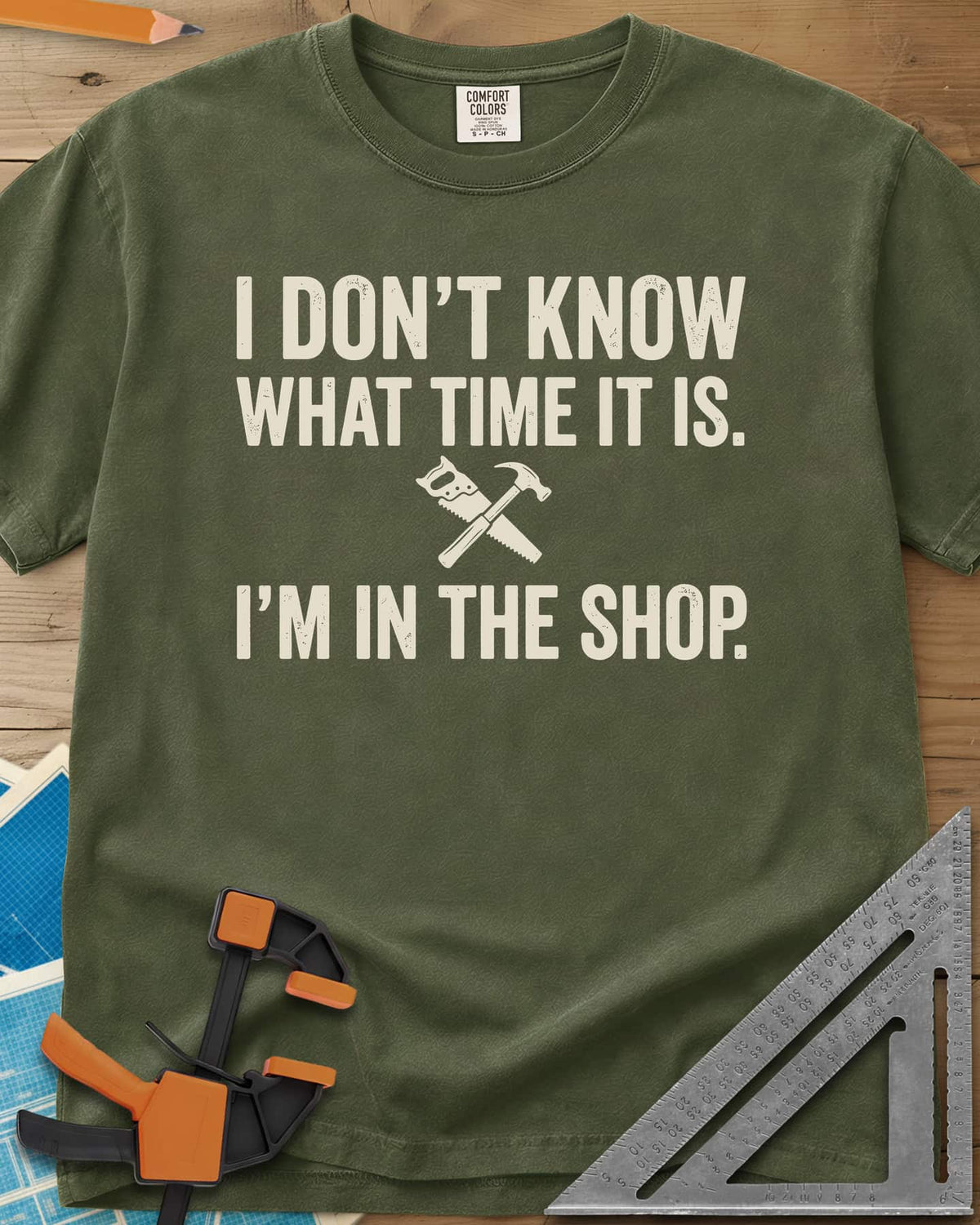 I Don't Know What Time It Is heavyweight tee in Hemp, a small crossed handsaw and hammer between two lines of text