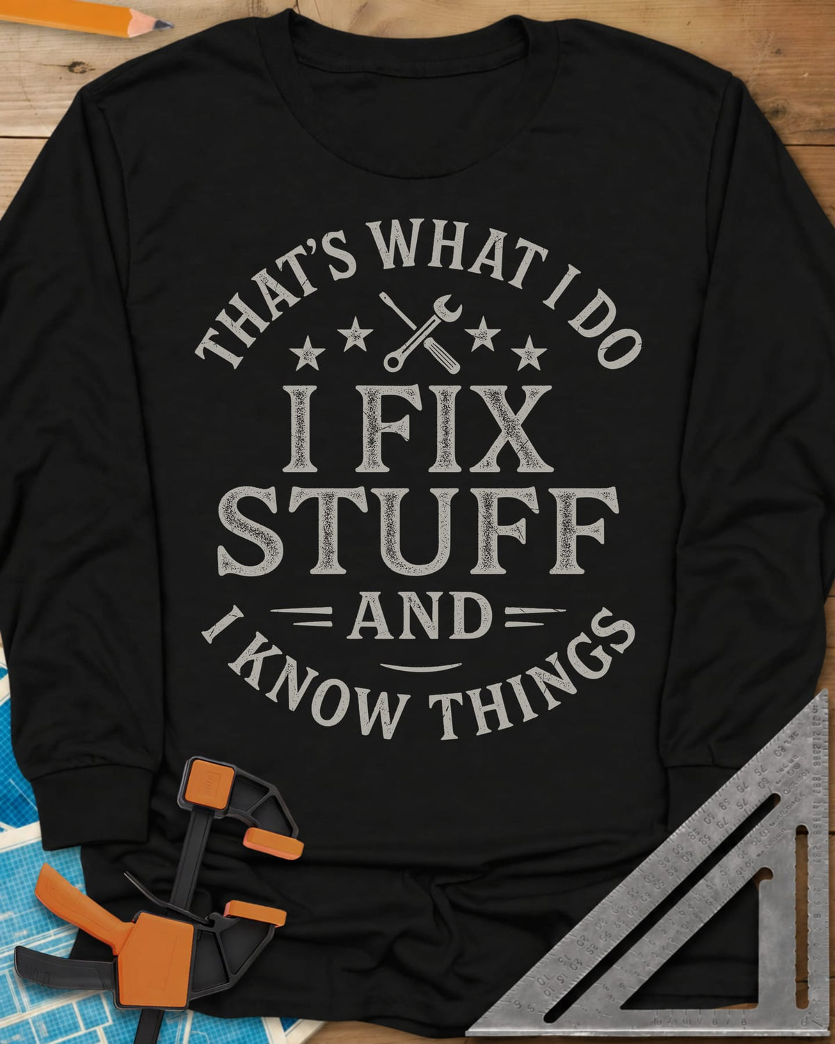 I Fix Stuff long sleeve shirt in Black, round badge lettering with crossed screwdriver and wrench, four stars