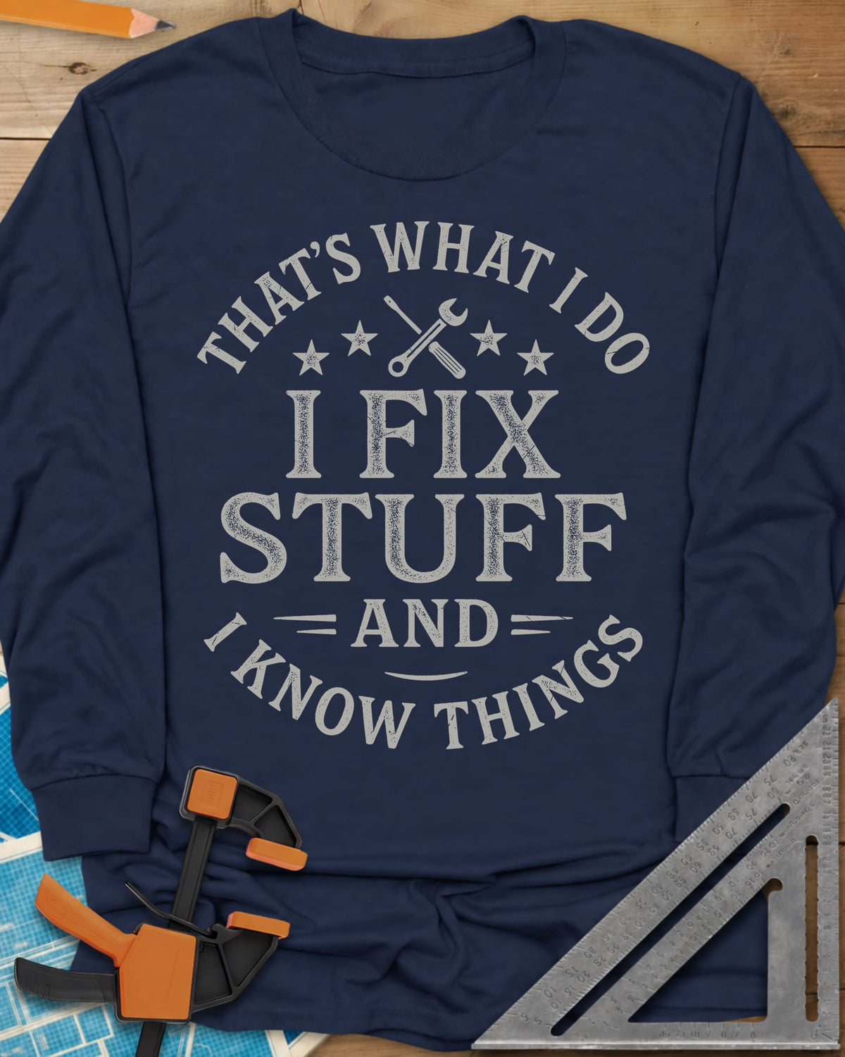 I Fix Stuff long sleeve shirt in Navy, round badge lettering with crossed screwdriver and wrench, four stars