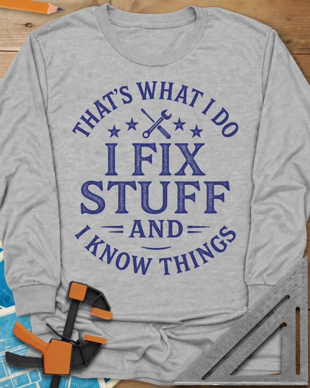 I Fix Stuff long sleeve shirt in Sport Grey, round badge lettering with crossed screwdriver and wrench, four stars