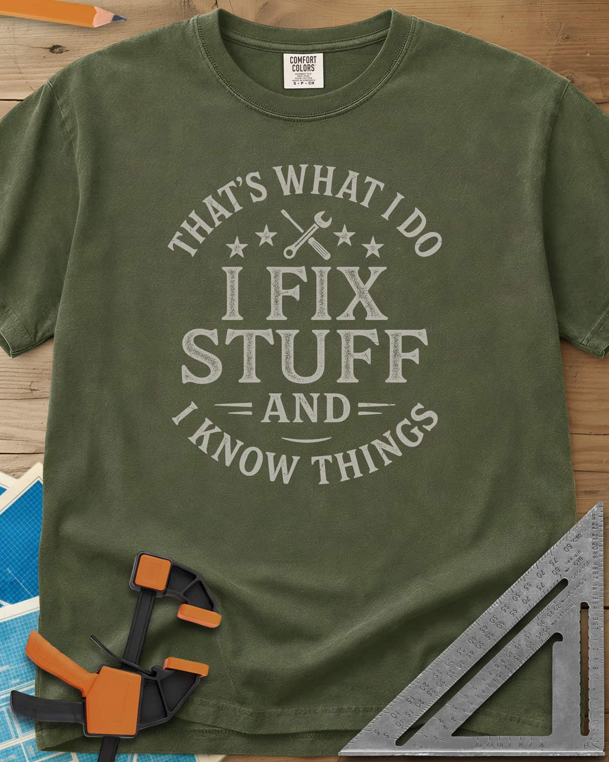 I Fix Stuff heavyweight tee in Hemp, round badge lettering with crossed screwdriver and wrench, four stars