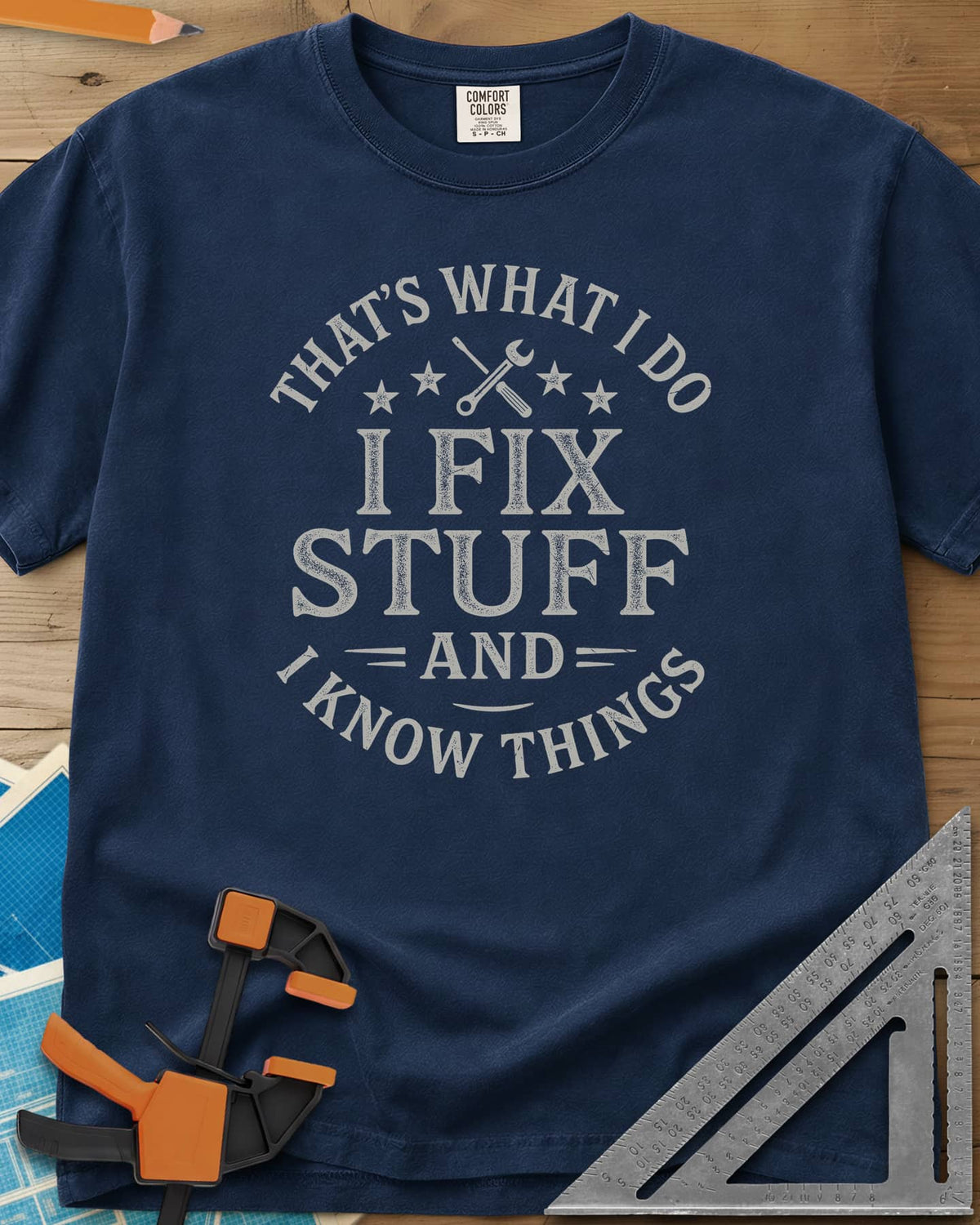 I Fix Stuff heavyweight tee in Navy, round badge lettering with crossed screwdriver and wrench, four stars