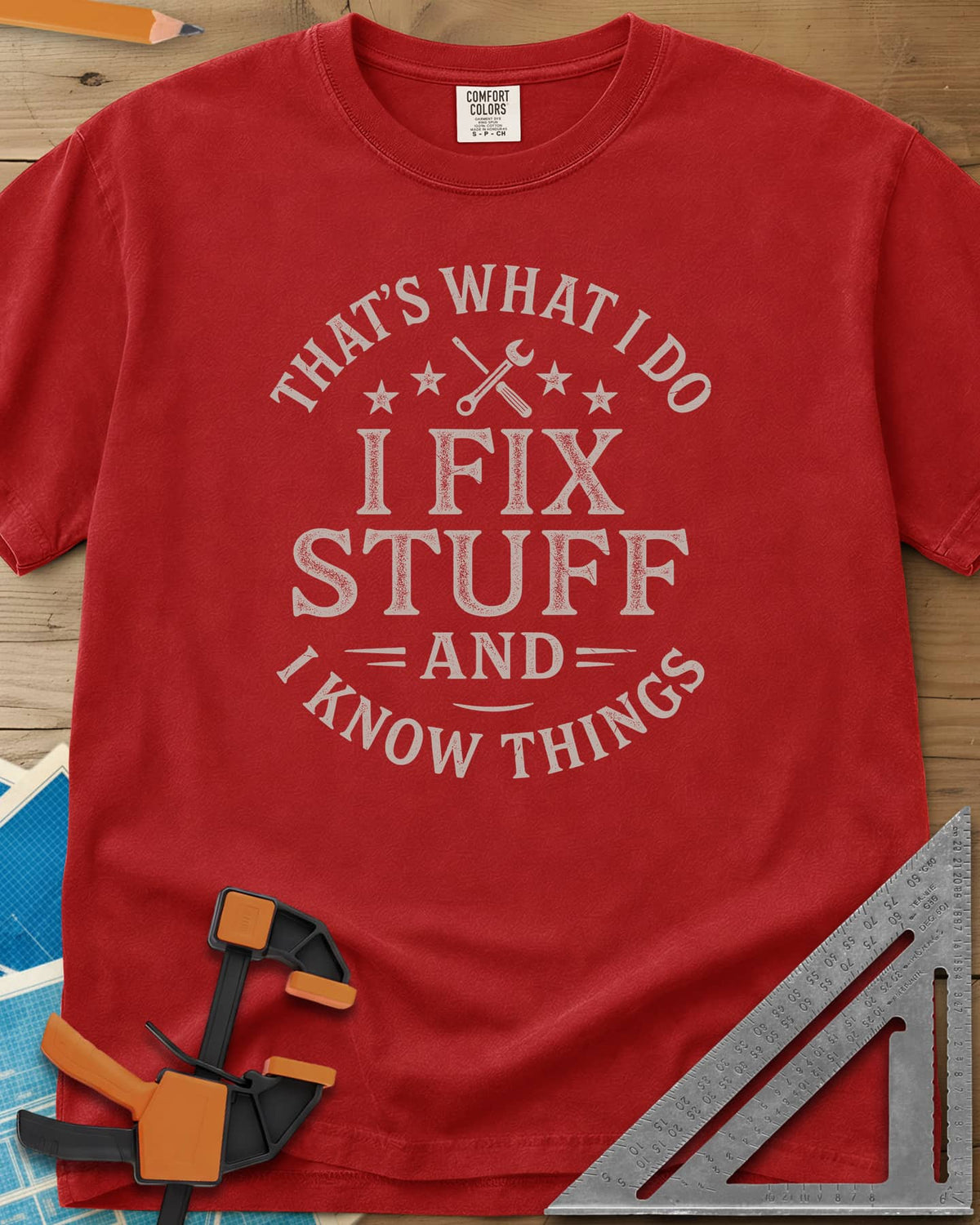I Fix Stuff heavyweight tee in Red, round badge lettering with crossed screwdriver and wrench, four stars