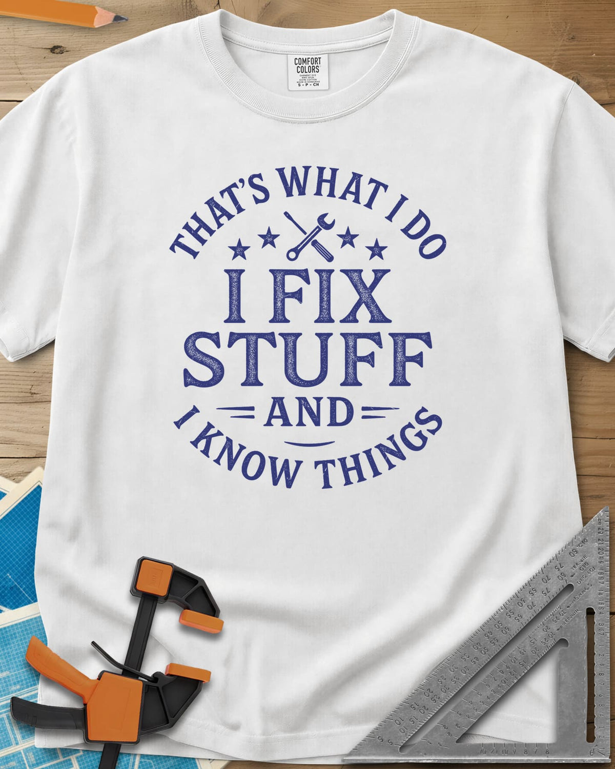 I Fix Stuff heavyweight tee in White, round badge lettering with crossed screwdriver and wrench, four stars