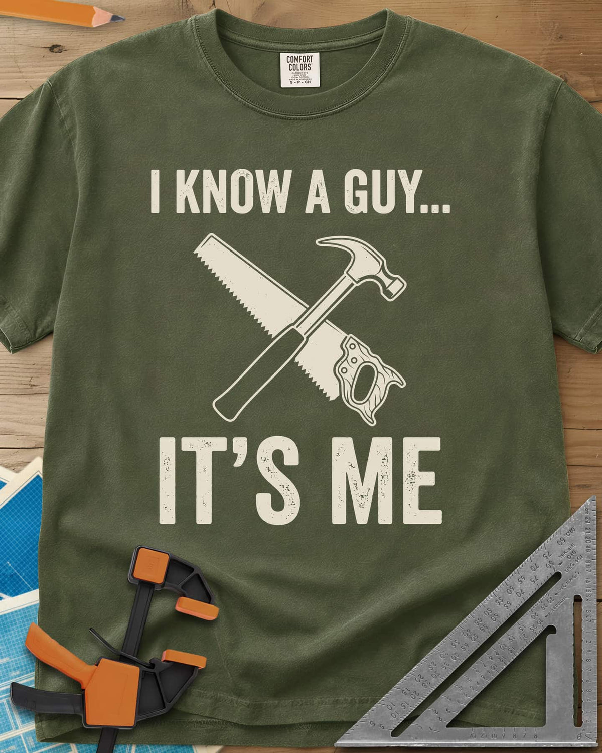 I Know A Guy heavyweight tee in Hemp, a crossed claw hammer and handsaw between the two lines