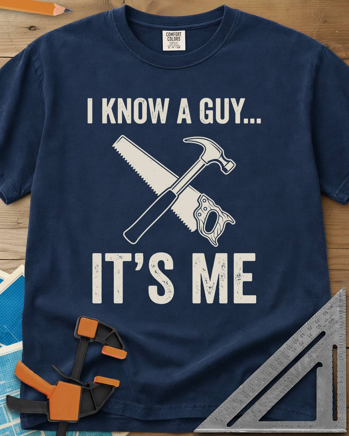 I Know A Guy heavyweight tee in Navy, a crossed claw hammer and handsaw between the two lines