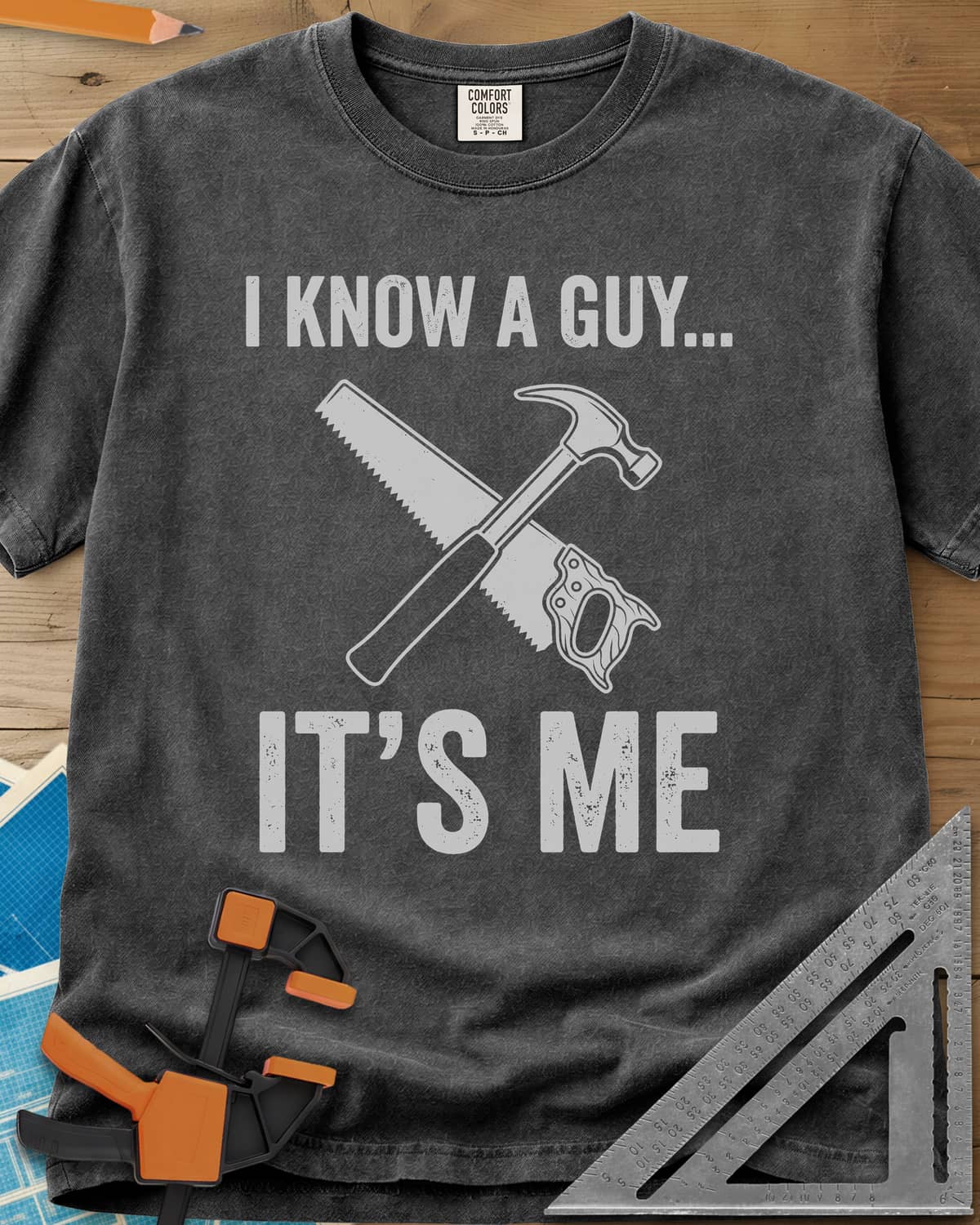 I Know A Guy heavyweight tee in Pepper, a crossed claw hammer and handsaw between the two lines