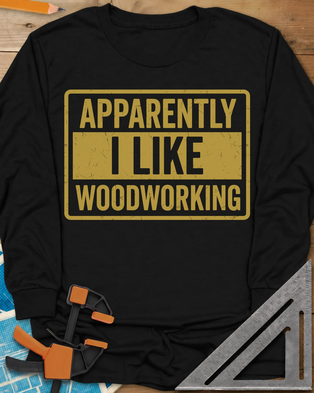 I Like Woodworking long sleeve shirt in Black, a worn sign-style box with I LIKE knocked out of a solid bar