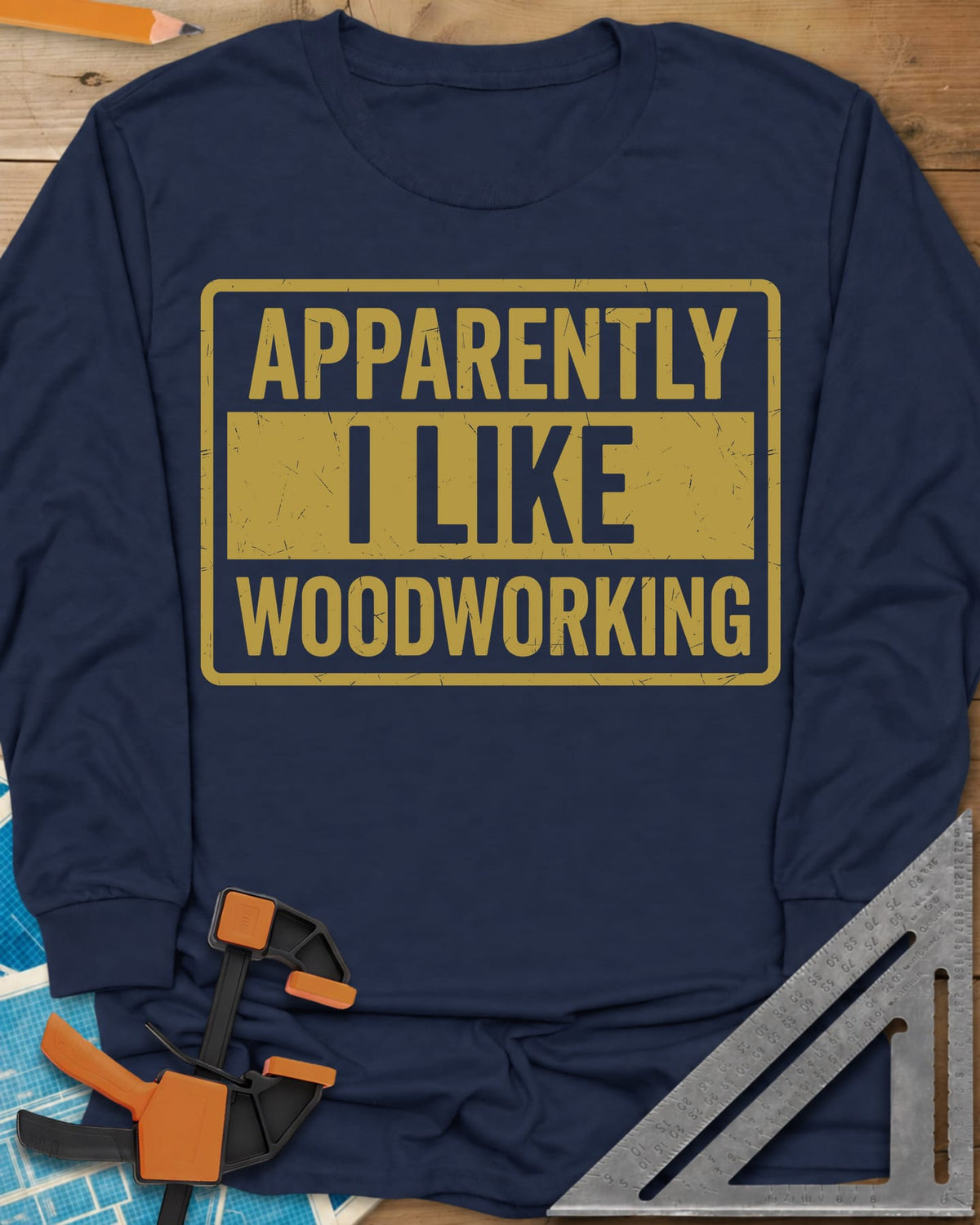 I Like Woodworking long sleeve shirt in Navy, a worn sign-style box with I LIKE knocked out of a solid bar