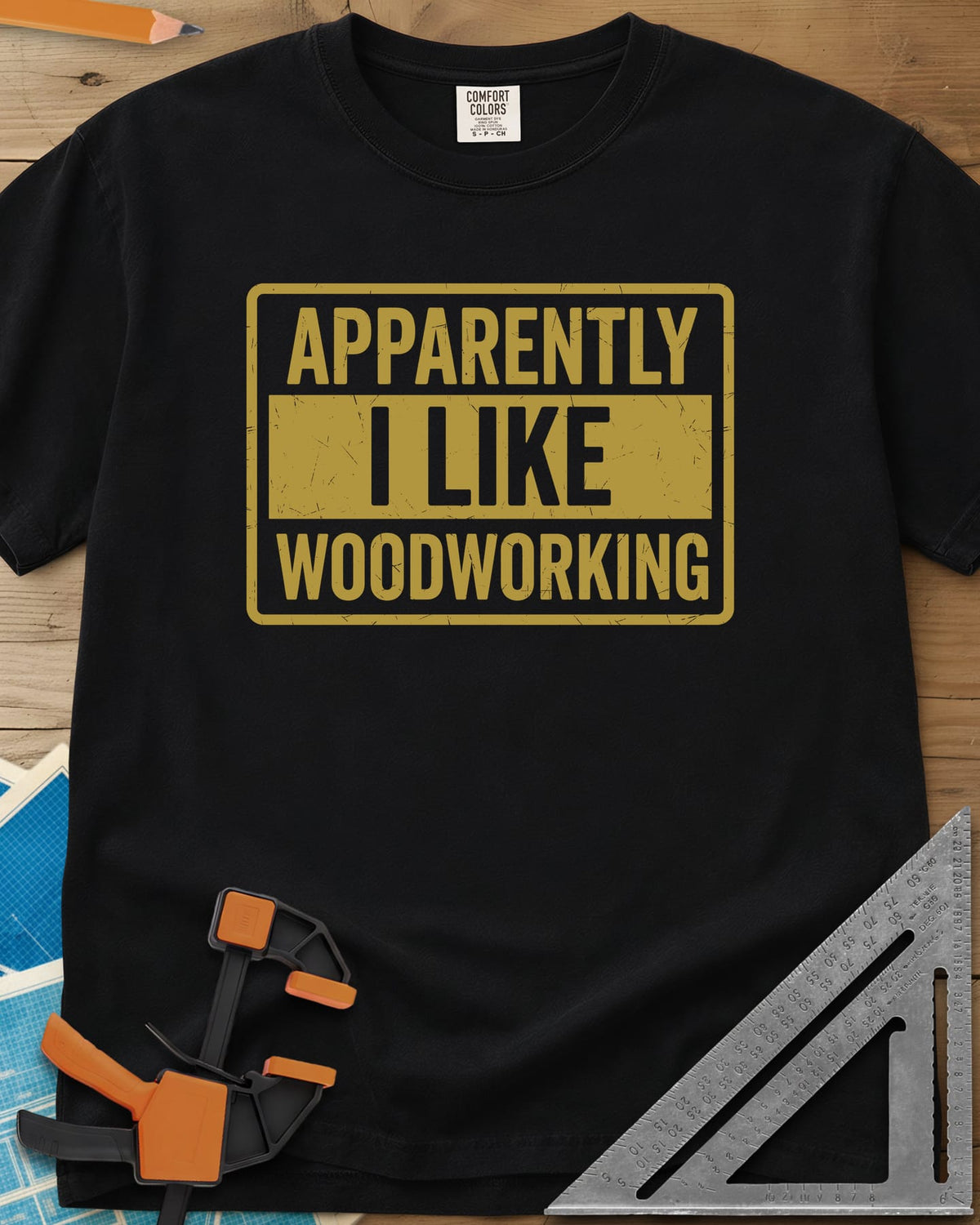 I Like Woodworking heavyweight tee in Black, a worn sign-style box with I LIKE knocked out of a solid bar