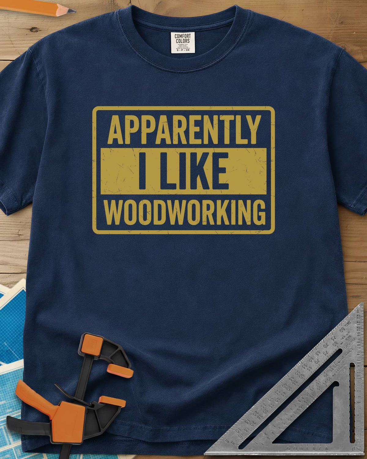 I Like Woodworking heavyweight tee in Navy, a worn sign-style box with I LIKE knocked out of a solid bar
