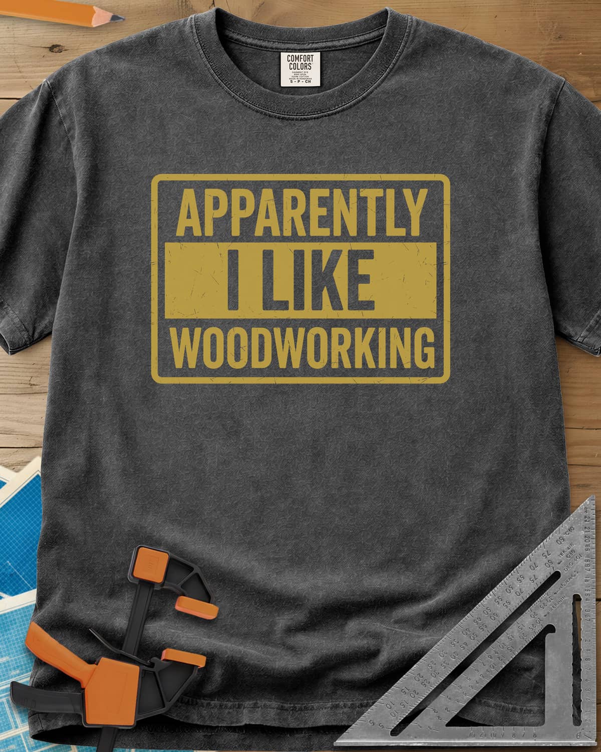 I Like Woodworking heavyweight tee in Pepper, a worn sign-style box with I LIKE knocked out of a solid bar