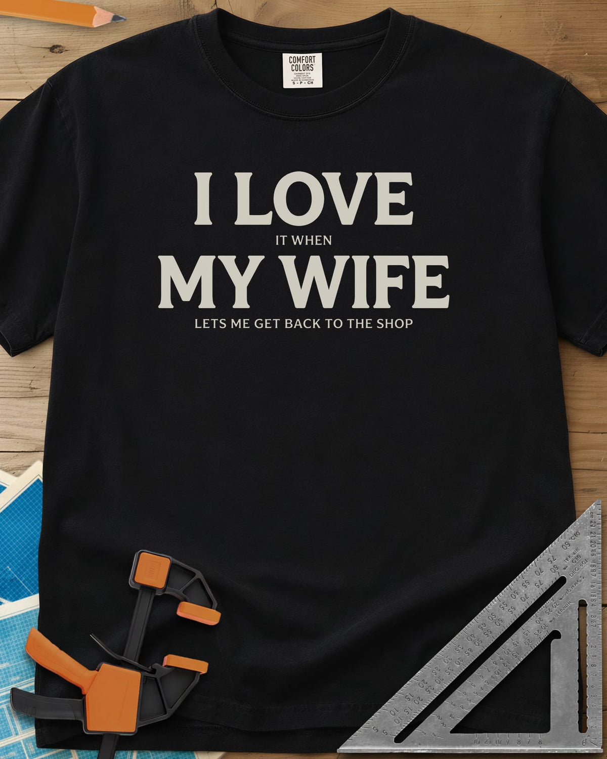 I Love My Wife heavyweight tee in Black, centered serif lettering, big I LOVE and MY WIFE, small words between